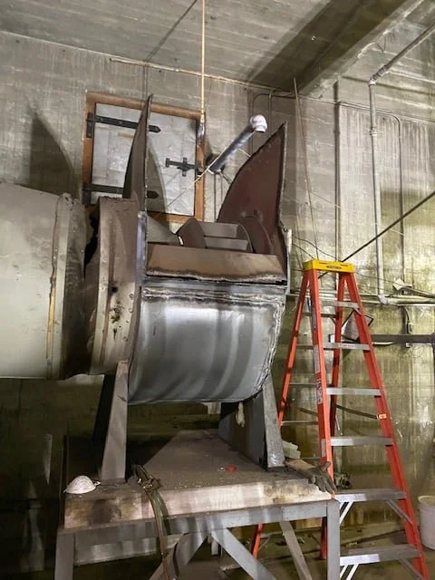 The old fan housing and round ductwork coming out at the York City Auditorium